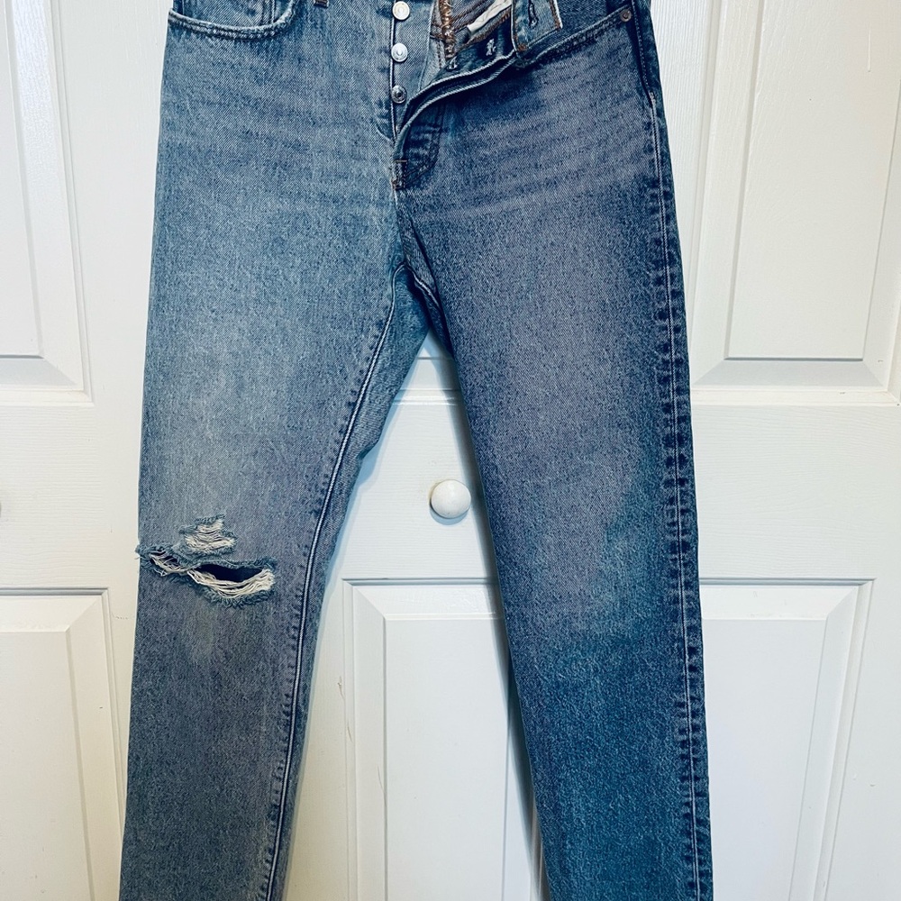 Vintage Big E Levi's 501  Button Fly Distressed Blue Straight Leg Sz 26X30